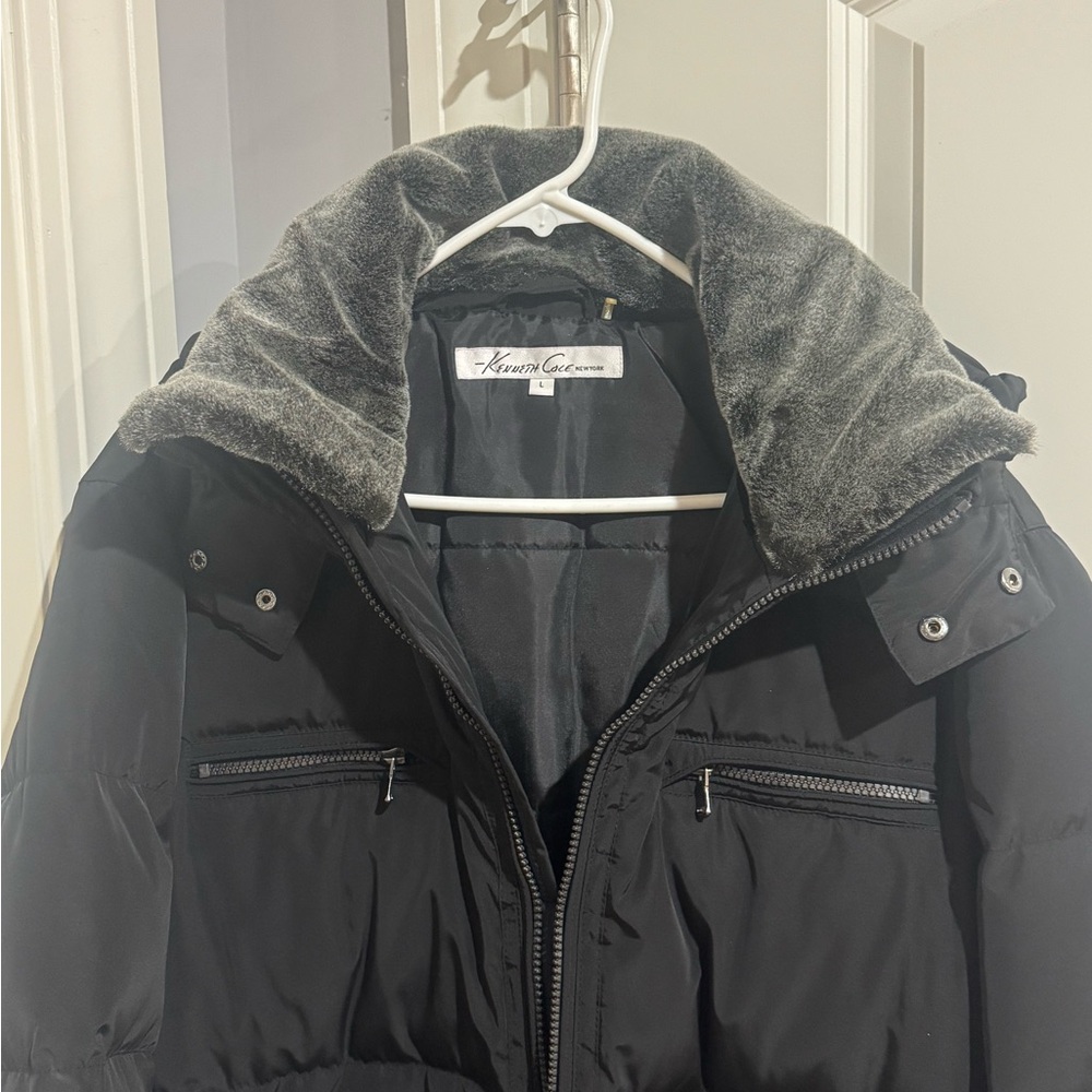 Kenneth Cole Black Puffer Coat with Gray Collar